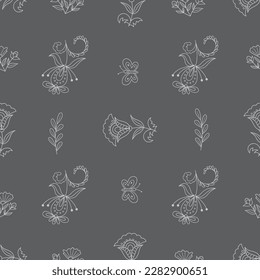 Vector springtime seamless pattern with flowers in folk style on a grey background