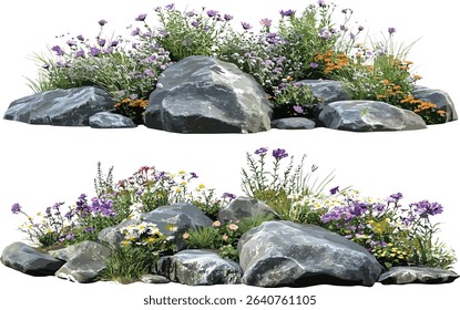 Vector springtime wildflower blooms with rock, grass, natural landscaping, vibrant flowers, meadow, nature scene, wild plants, countryside, garden, spring season, fresh greenery