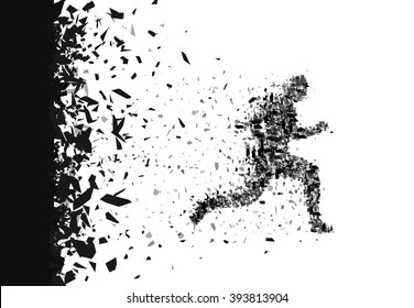 Vector sprinter. Breakthrough. Particles composed runner. Running man abstract silhouette. 