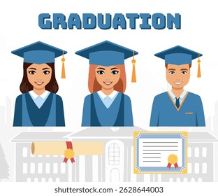Vector sprite sheet featuring diverse graduation characters in cap and gown, holding diplomas, honor roll certificates, and award frames. Includes multiple poses and expressions for each student