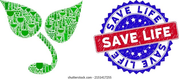 Vector sprout icon wine combination and grunge bicolor Save Life seal stamp. Red and blue bicolored seal with rubber surface and Save Life slogan. Sprout mosaic icon composed with wine glasses,
