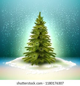 Vector spruce christmas tree with realistic green needles on winter snow background. 3d traditional new year, merry christmas holiday decoration object, xmas greeting card design element.