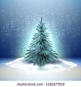 Vector spruce christmas tree with realistic green needles on winter snow blue background. 3d traditional new year, merry christmas holiday decoration object, xmas greeting card design element.