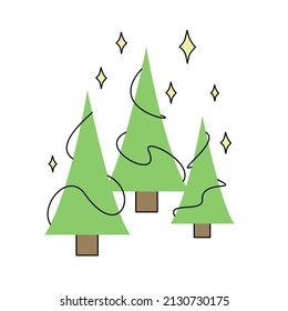 Bosque de abeto vectorial y brillantes chispas sobre el fondo blanco