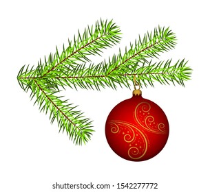 vector spruce twig with christmas ball isolated on white background
