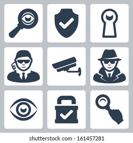 Vector spy and security icons set: magnifying glass, shield, heyhole, security man, surveillance camera, spy, eye, lock