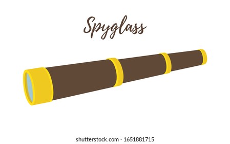 Vector spyglass, dispositivo óptico con lente, concepto de navegación. Ampliador de caricaturas para marinero, pirata y otros. Monocular con decoración de bronce.