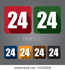 Vector : Square 24, 24HR, 24HRS, 24 Hours Service, 24 Hours Open Long Shadow Style Icon, Label, Sticker, Sign or Banner