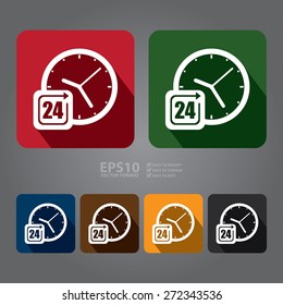 Vector : Square 24 Hours Service, Open 24 Hours Long Shadow Style Icon, Label, Sticker, Sign or Banner