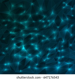 Vector square abstract background with random triangles in dark blue colors. Futuristic geometrical modern background with polygonal glowing mesh. 