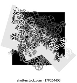 Vector square abstract composition illustration of gear wheels in black and white tone.