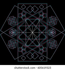 vector square abstract sacred geometry decoration sign anaglif colored three-dimensional illustration black background 
