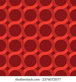 Vector square abstract seamless pattern of red hue overlapping circles on dark red background.