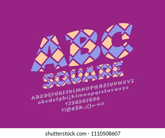 Vector square Alphabet. Checked colorful Font. Bright Letters, Numbers and Symbols for Children