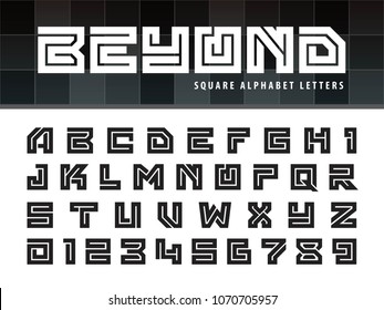 Vector of Square Alphabet Letters and numbers, One linear stylized rounded fonts, One single line for each letter, Bold Letters set for sci-fi, military. universal, Branding & Identity.