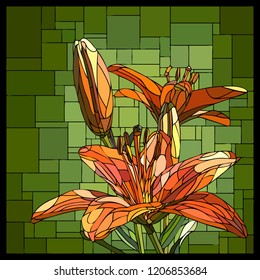 Vector square angular mosaic of blooming orange lilies with buds in green stained-glass window.