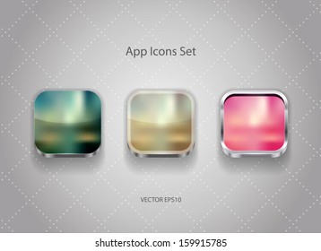 Vector square app icons with metallic borders and blurry unfocused backgrounds.