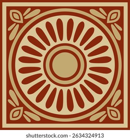 Vector cuadrado de oro asirio con adorno rojo. Rectángulo, borde, marco de Mesopatamia. Patrón del antiguo Oriente.
