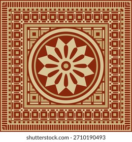 Vector cuadrado de oro asirio con adorno rojo. Rectángulo, borde, marco de Mesopatamia. Patrón del antiguo Oriente.
