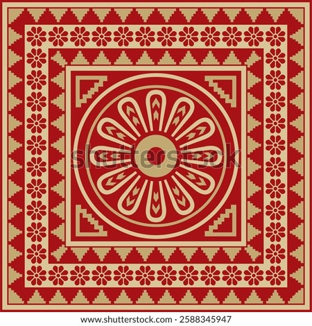 Vector square Assyrian gold with red ornament. Rectangle, border, frame of Mesopatamia. Pattern of the ancient East.
