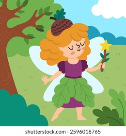 Vector square background with acorn fairy. Fairyland landscape illustration. Cute scenery with magic princess with wings, meadow, sky. Fantasy nature scene illustration. Fairytale picture for kid
