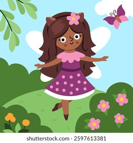 Vector square background with deer fairy. Fairyland landscape illustration. Cute scenery with magic princess with wings, meadow, sky. Fantasy nature scene illustration. Fairytale picture for kid
