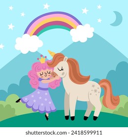 Vector square background with fairy princess hugging unicorn under stars. Magic or fantasy world scene. Fairytale landscape with forest, mountain, rainbow. Cute night sky illustration for kids 
