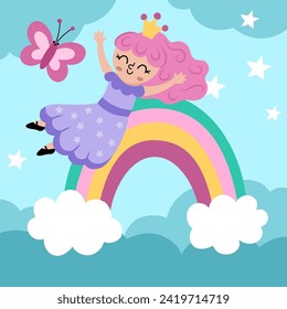 Vector square background with fairy princess sliding down the rainbow under clouds, stars. Magic or fantasy world scene. Fairytale landscape. Cute night sky illustration for kids 
