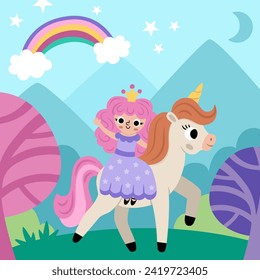 Vector square background with fairy princess riding unicorn under clouds, stars. Magic or fantasy world scene. Fairytale landscape with forest, mountains, rainbow. Cute night sky illustration for kid