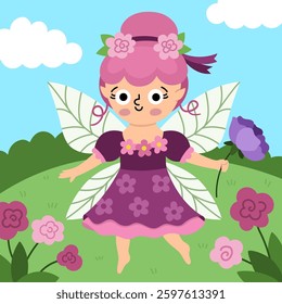 Vector square background with flower fairy. Fairyland landscape illustration. Cute scenery with magic princess with wings, meadow, sky. Fantasy nature scene illustration. Fairytale picture for kid
