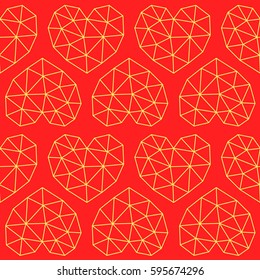 Vector square background with geometric pattern, made of hearts and grid. Red and yellow design.