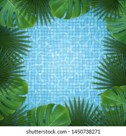 Vector square background with green tropical leaves of palm and monstera and pool water. EPS 10.