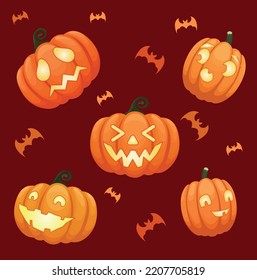 Fondo vectorial cuadrado con calabazas de Halloween en un fondo oscuro. 