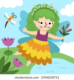Vector square background with swamp fairy. Fairyland landscape illustration. Cute scenery with magic princess with wings, lake, sky. Fantasy nature scene illustration. Fairytale picture for kid
