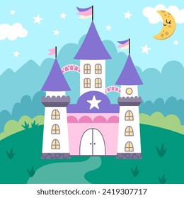 Vector square background with unicorn castle, field, clouds, stars. Fantasy world scene with palace, purple roofs, towers. Fairytale landscape for card, book. Cute kingdom illustration for kids 
