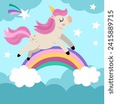 Vector square background with unicorn running above the rainbow under night sky. Magic or fantasy world scene. Fairytale landscape for card, post, book. Cute horse illustration for kids 

