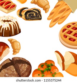 Vector square bakery frame. Baked bread products wheat, rye bread loafs, bagels, sliced bread toasts, croissant, bun, cherry pie, cake with icing.