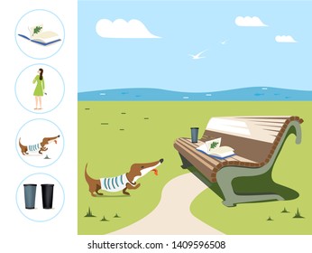 Vector square banner about summer relax. Illustration of a girl walking with a dog, a bench with a book and a glass in park,  lake, sand, grass, tree, leaves on background of clouds and a cityscape.  