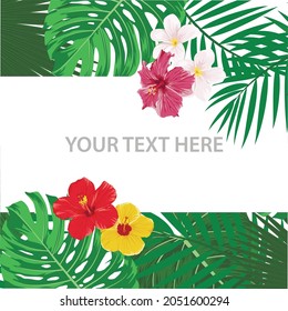 Cartel de la Plaza del Vector, tarjeta con hojas y flores tropicales. Fondo tropical. Ilustración de vectores planos. Exótico, Verano, Concepto Trópico. Diseño para invitación, anuncio, afiche, anuncio