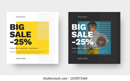 Vector square banner design for big sale with yellow abstract pattern and baby photo. Template with 25% discount for social media and mobile application.