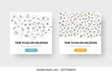 Vector square banner design on the theme of travel, weekend and summer vacation, with a pattern of linear icons. White template with yellow and blue buttons for social media and mobile applications. 