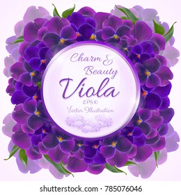 Vector square banner with flowers of purple viola. Realistic floral templates for wedding invitation, greeting card, cosmetic products, packages, gift wraps and other design elements