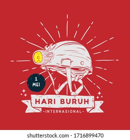 Vector square banner Hari buruh internasional with Illustration safety helm.  translation "International Labor Day".