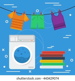 Vector square banner laundry concept. Cleaning service, laundry room and personal cleaning. Washing machine and clothes drying on rope in flat style on blue background