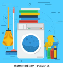 Vector square banner laundry room concept. Cleaning service, laundry room and personal cleaning. Washing machine, dry linen and cleaning products in flat style on blue background