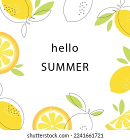 Vector square banner with lemons and lemon slices. Text hello summer.