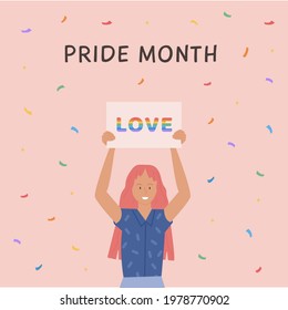 Vector Square Banner with LGBT person holding placard with love word in rainbow colors. LGBTQ symbols. Social media post, story or greeting card on pink. Flat style Illustration for pride month.