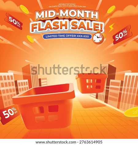 Vector square banner with mid-month flash sale typography on glowing city street scene, featuring two floating orange 3D shopping baskets as product display areas with 50% off tags and gold coins.
