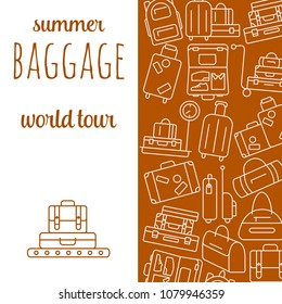 Vector square banner, poster or flyer design template with outline luggage, suitcase, bags. Symbol for websites and print media. Line style design image. Editable stroke. Vector illustration.