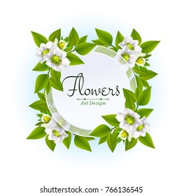 Vector square banner with realistic branch and flowers of strawberry. Floral wreath with frame for text designed for wedding invitation, greeting card, cosmetic products and templates